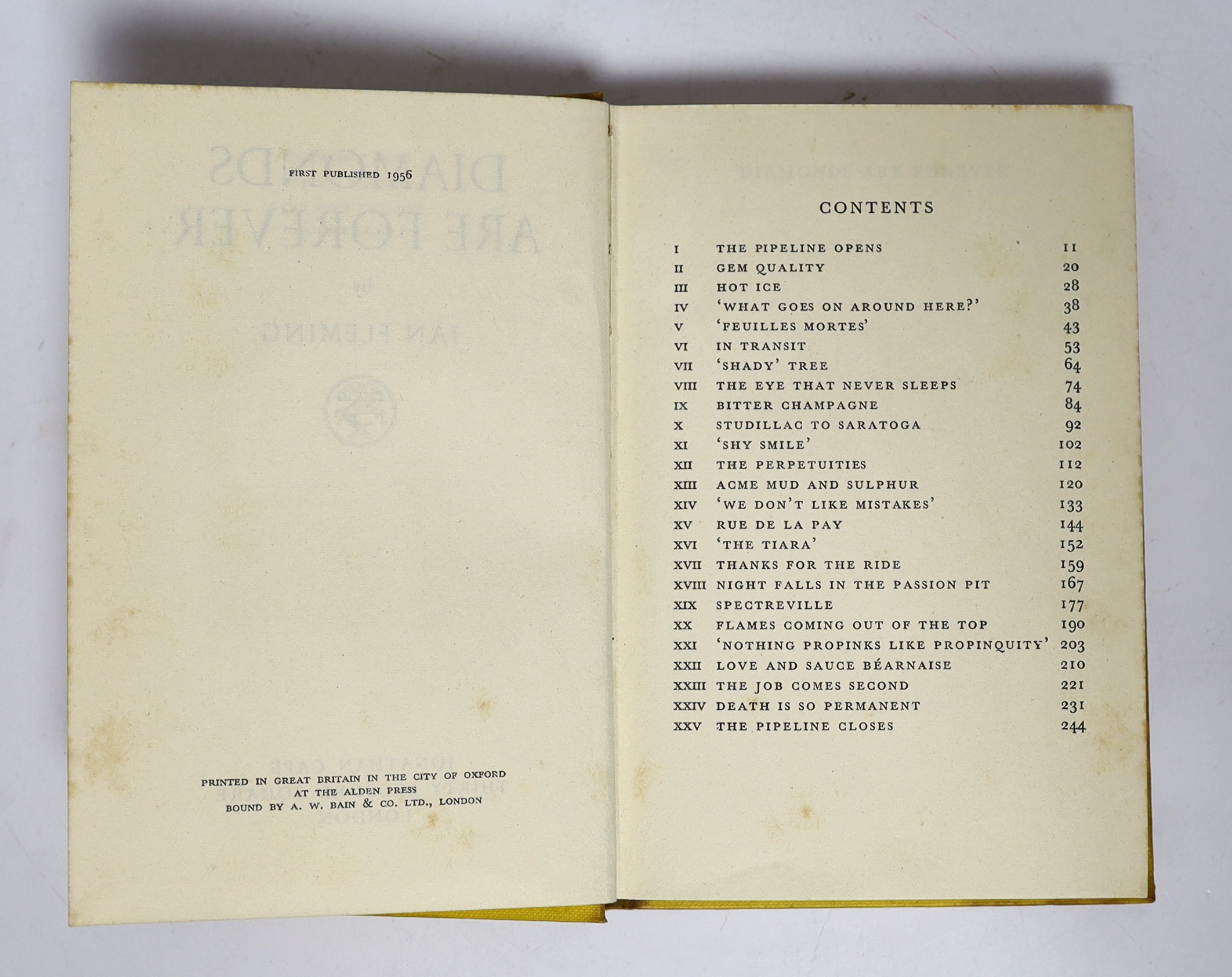 Fleming, Ian - Diamonds Are Forever, 1st edition, remainder copy, outside bound by others in yellow cloth (spine and boards spotted, front board stamped Ex Libris), 8vo, in an unclipped d/j, (leaves trimmed to 182 x122mm